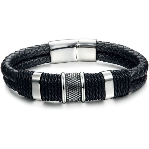 Men’s Braided Leather Stainless Steel Bracelet - Picture 1 of 6